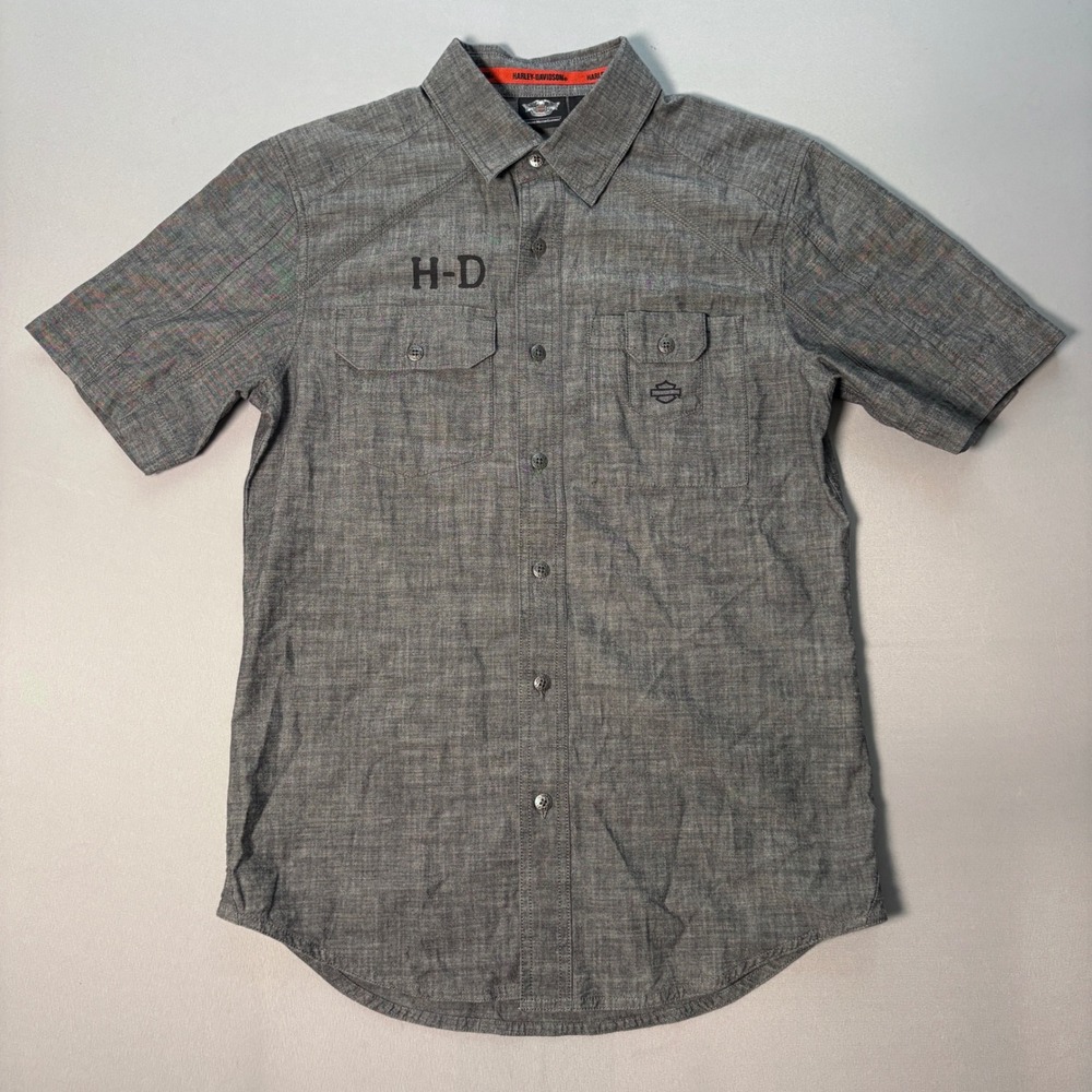 Harley-Davidson Mens Grey Short Sleeve Button Up Shirt Graphic Logo Large 538